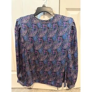 Vintage Tess Paris-Milano Paisley Blouse Purple Blue 80s Retro Glam Puffy Sleeve